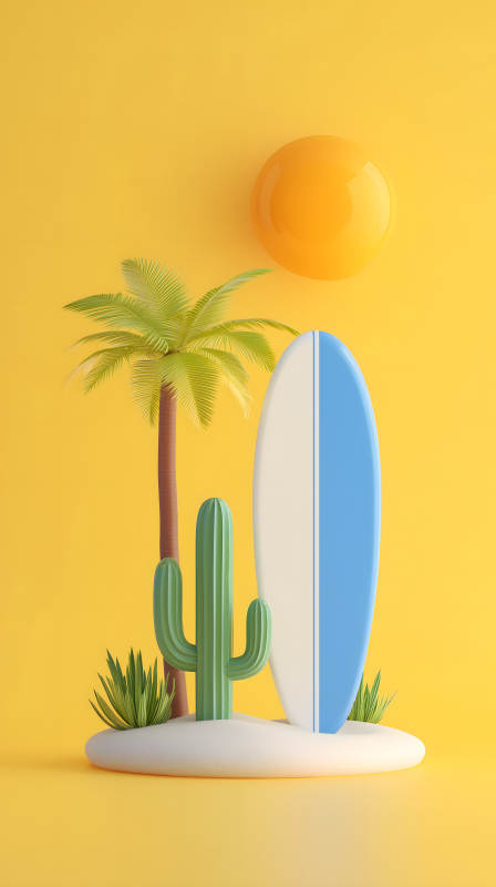 海滩风光冲浪板椰树仙人掌图片