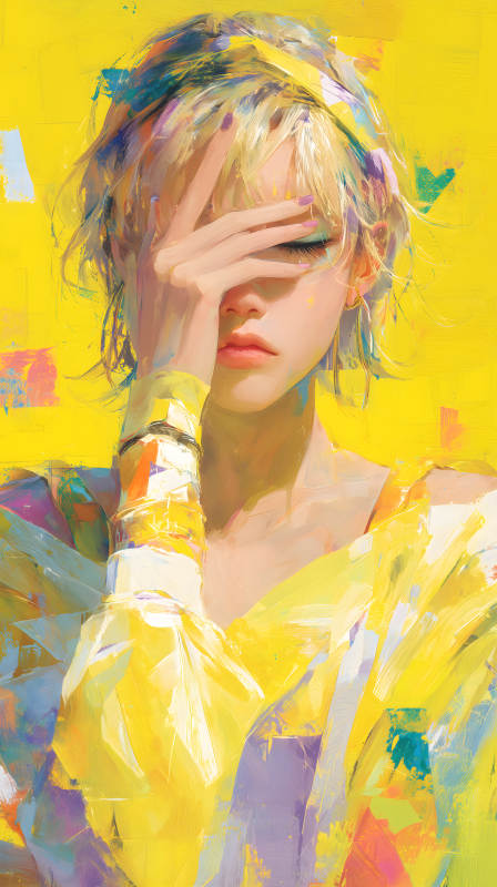 少女闭眼手遮面色彩明快鲜艳图片