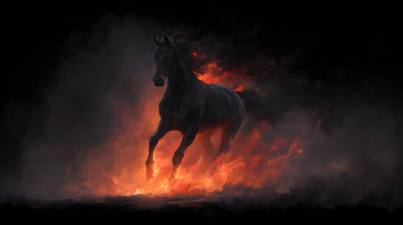 燃烧的黑马在火焰中奔跑图片