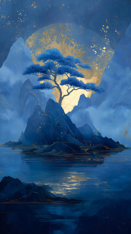 蓝松金辉山水画图片