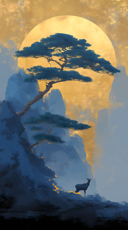 金色圆月下蓝松傲立孤鹿远眺图片