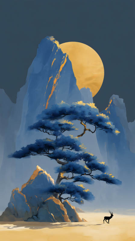 山月松鹿图唯美意境风景图片