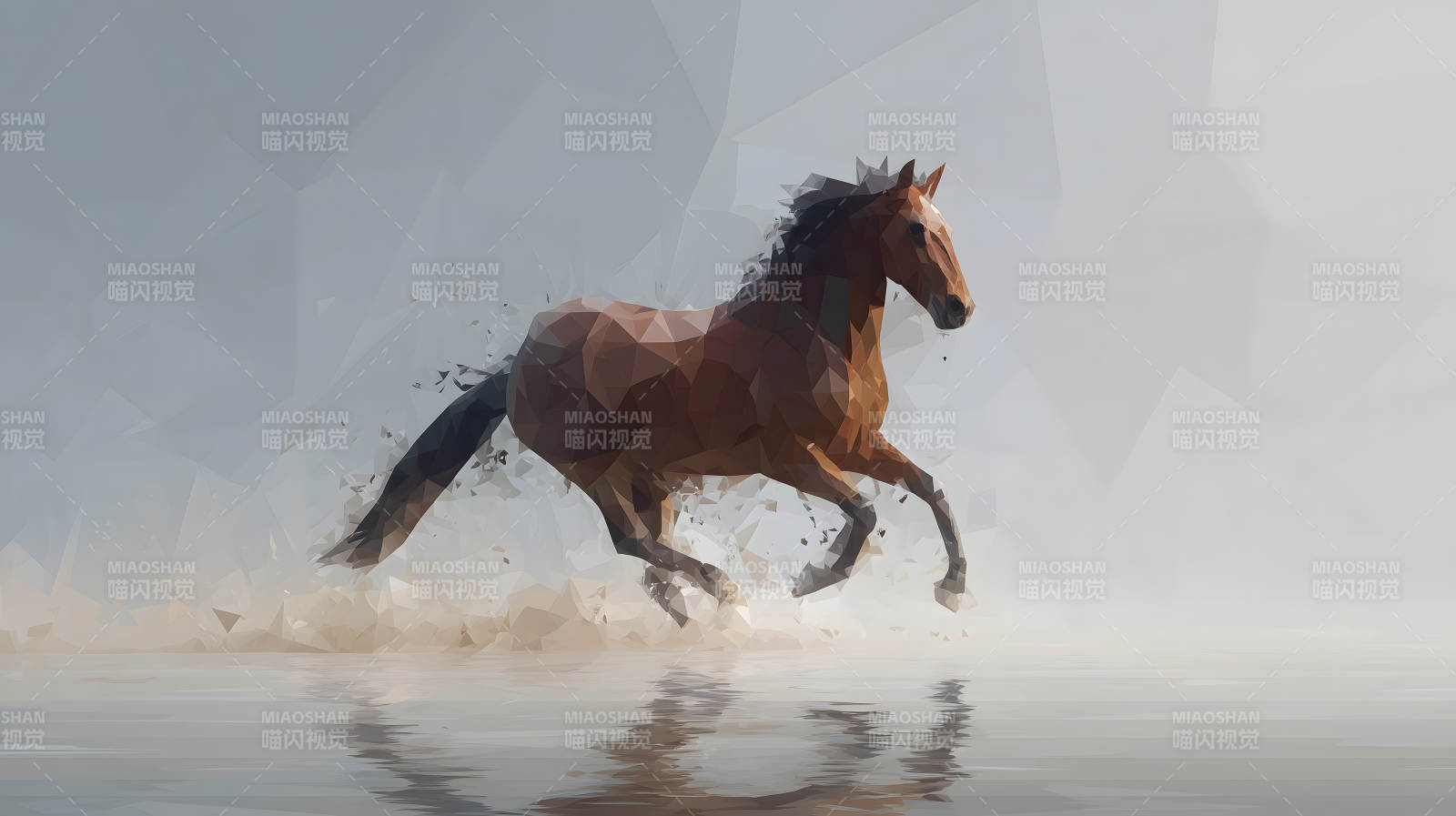 奔跑的棕色马低多边形风格的水面图片