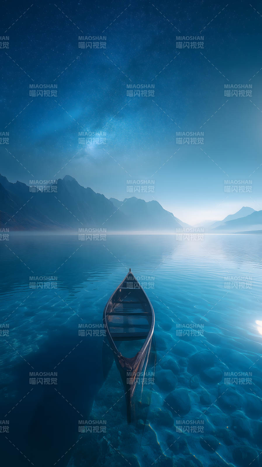 星空下的小船与山脉湖泊图片