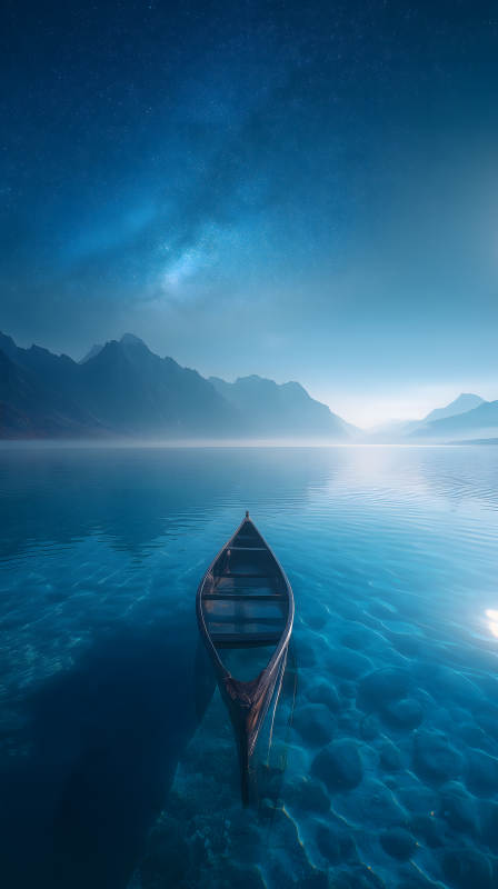 星空下的小船与山脉湖泊图片