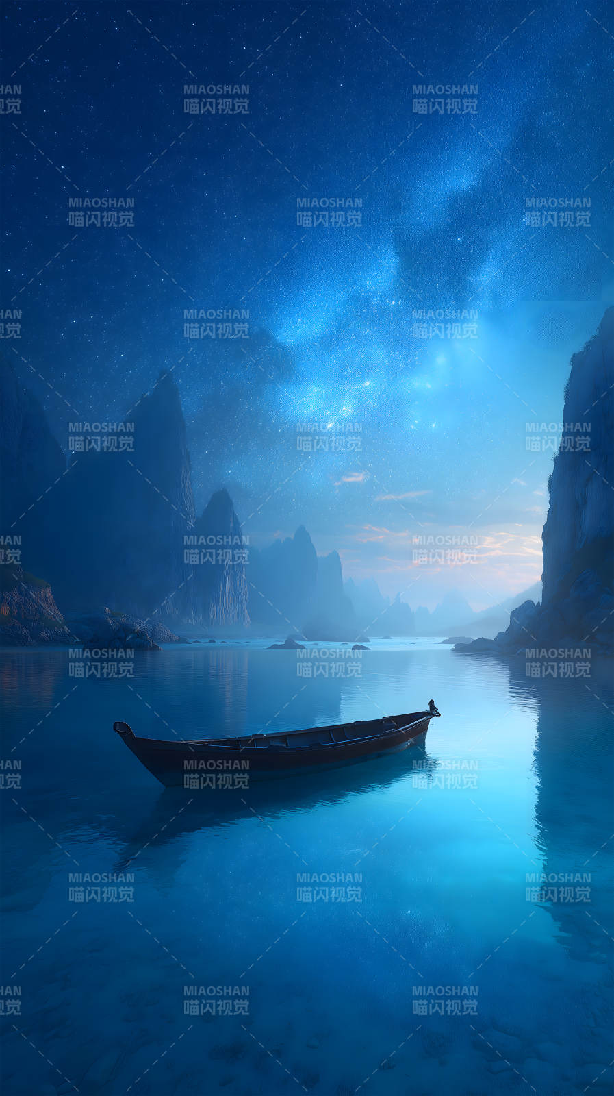 夜空下的孤舟湖泊山峦图片