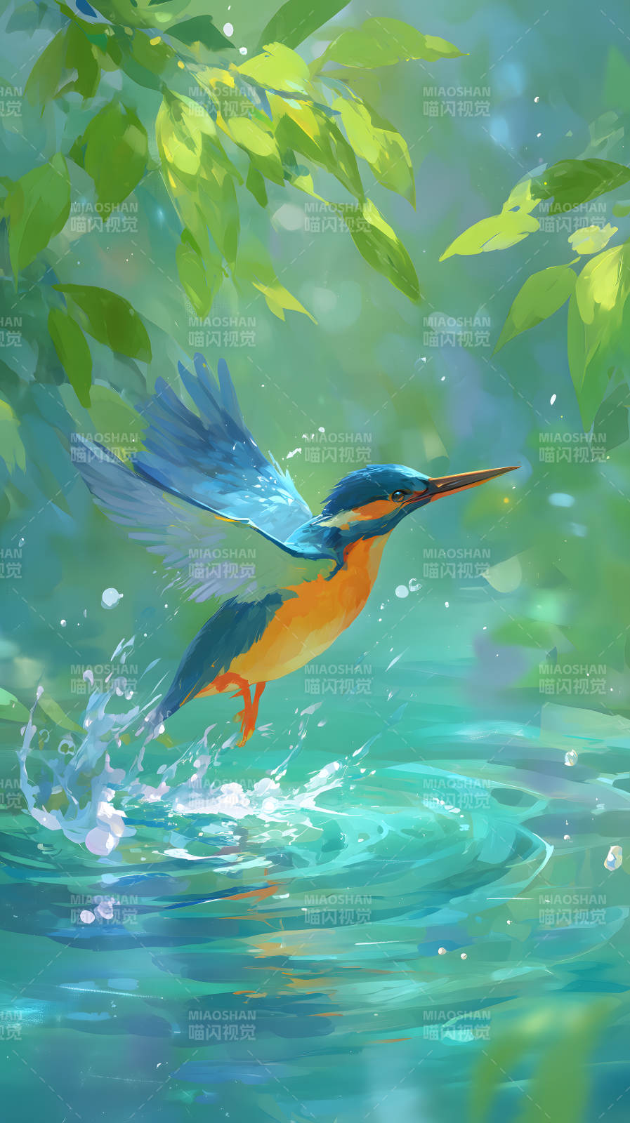 翠鸟掠水而过水花四溅阳光洒落图片