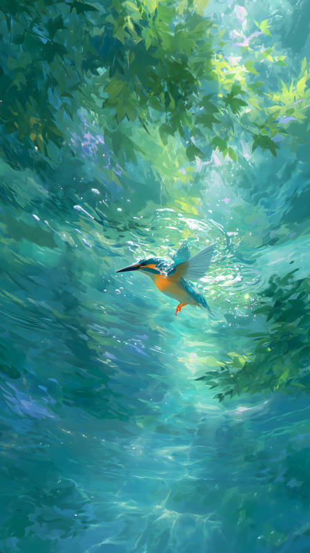 水中飞鸟唯美意境光影交错图片