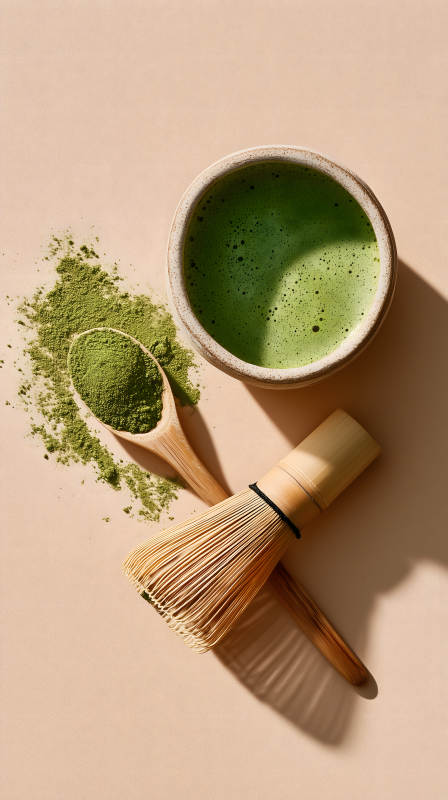 抹茶饮品与制作工具的静物摄影图片