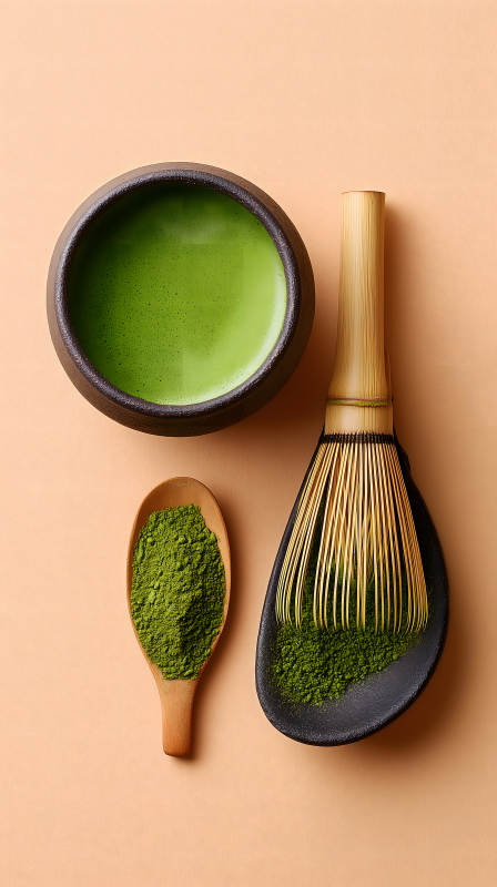抹茶粉茶碗茶筅竹勺精致摆拍图片