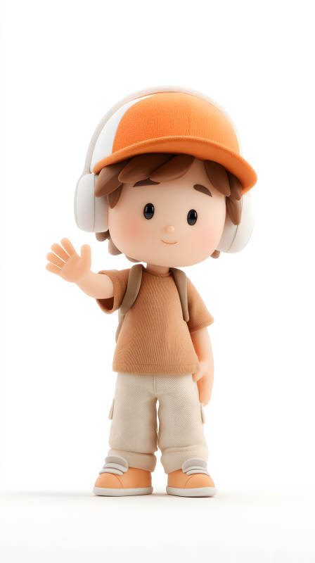 卡通男孩戴耳机挥手微笑图片