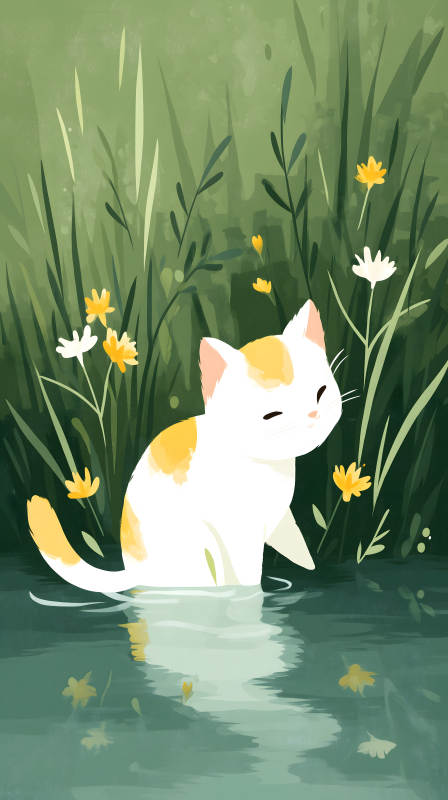 猫咪戏水赏花意境悠远图片