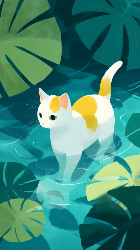 猫咪水中漫步热带植物环绕图片