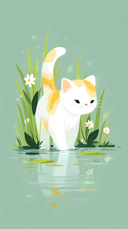 猫咪在池塘边漫步的温馨画面图片