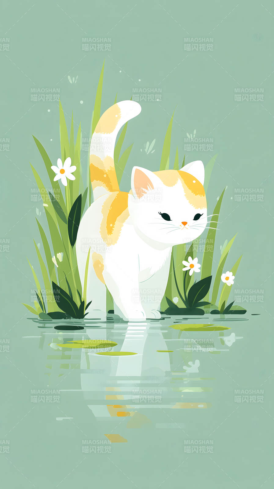 猫咪在池塘边漫步的温馨画面图片