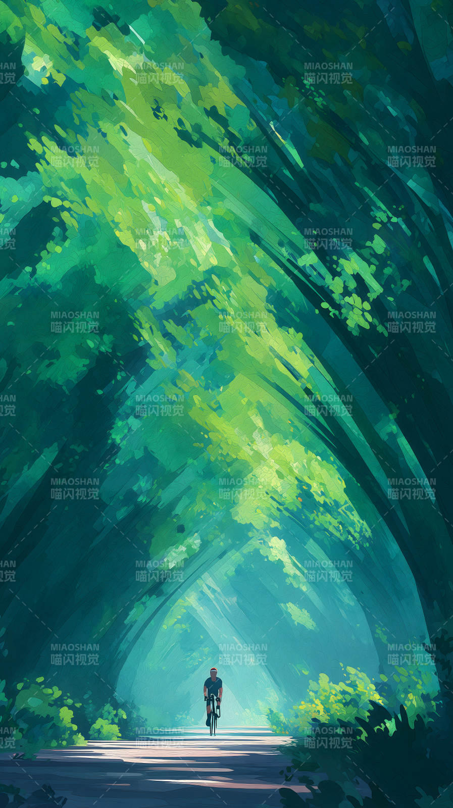 林荫隧道骑行者在阳光下图片