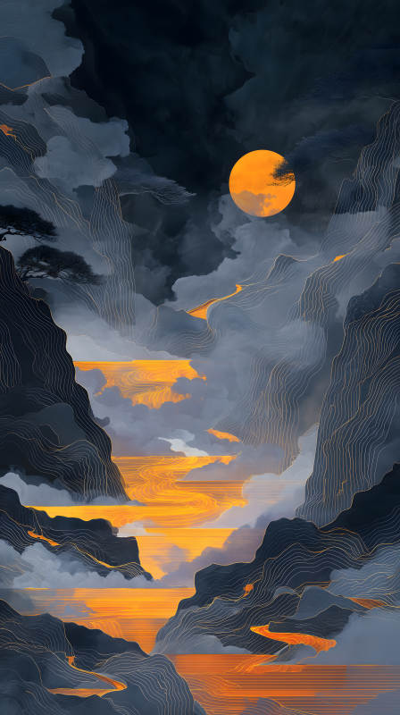 夜空月亮下的山水画卷图片