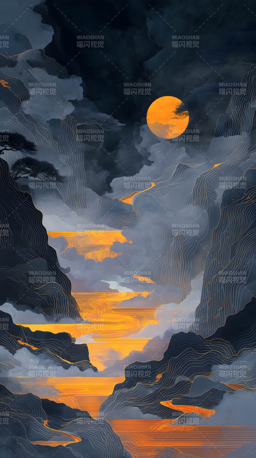 夜空月亮下的山水画卷图片