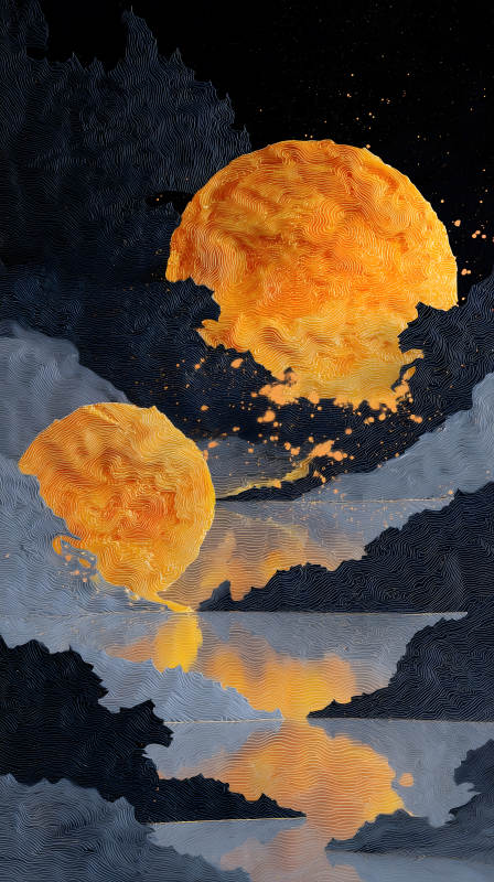 抽象风景画金色球体与山脉图片