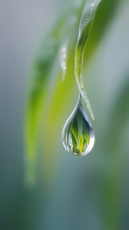 水滴中映照的翠绿植物图片