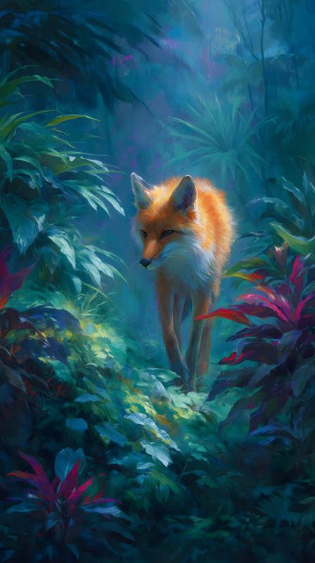 丛林中的狐狸油画橙色毛发与绿色植被图片