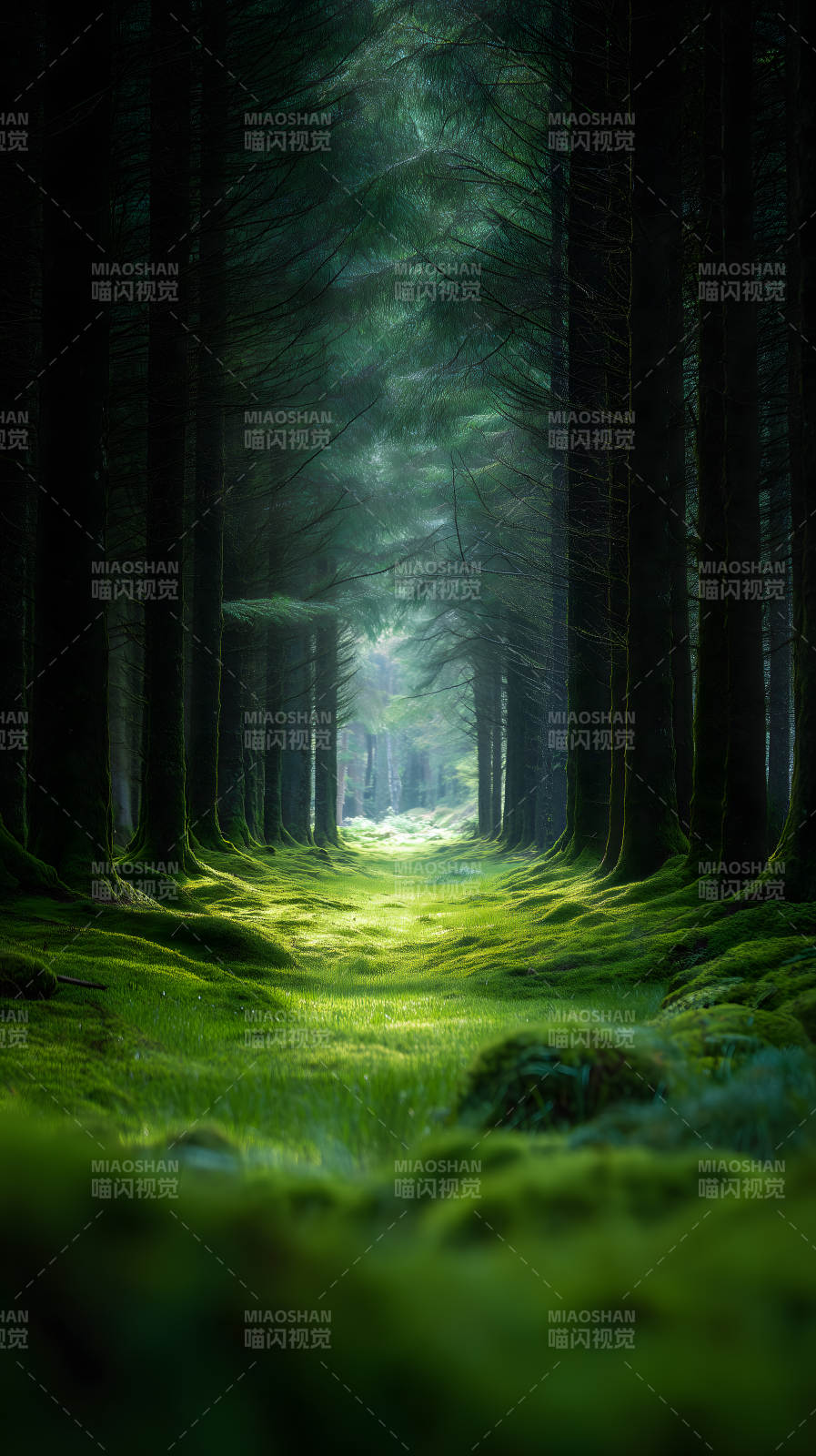 森林小径光影交织郁郁葱葱生机盎然图片