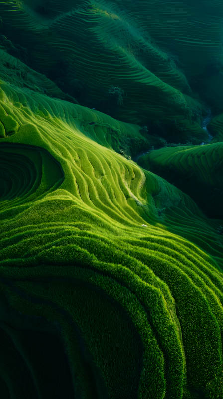 翠绿梯田山峦晨曦光影交织图片