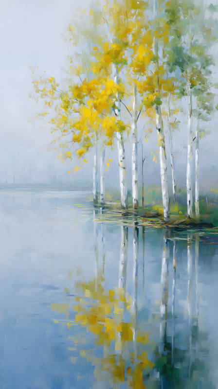 秋日白桦林倒影于水面图片
