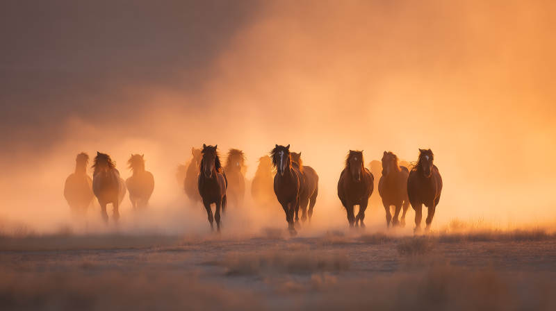 奔腾马群沐浴金辉意境唯美图片