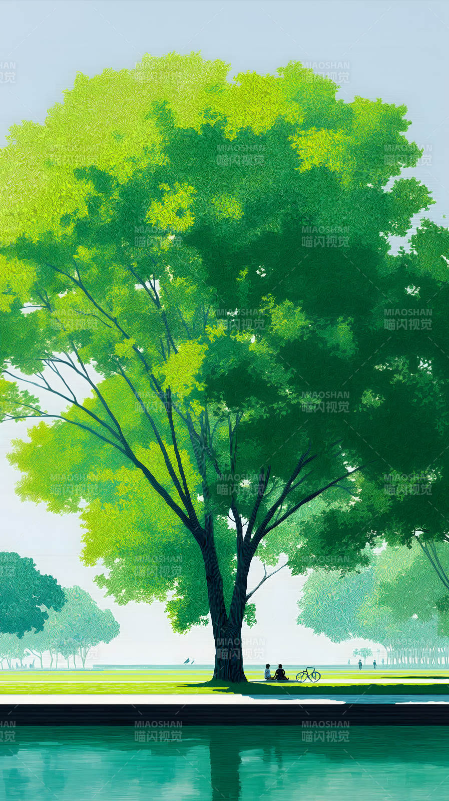 阳光下的公园树木与湖水倒影图片