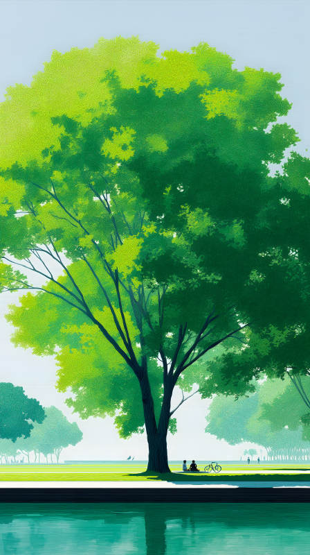 阳光下的公园树木与湖水倒影图片