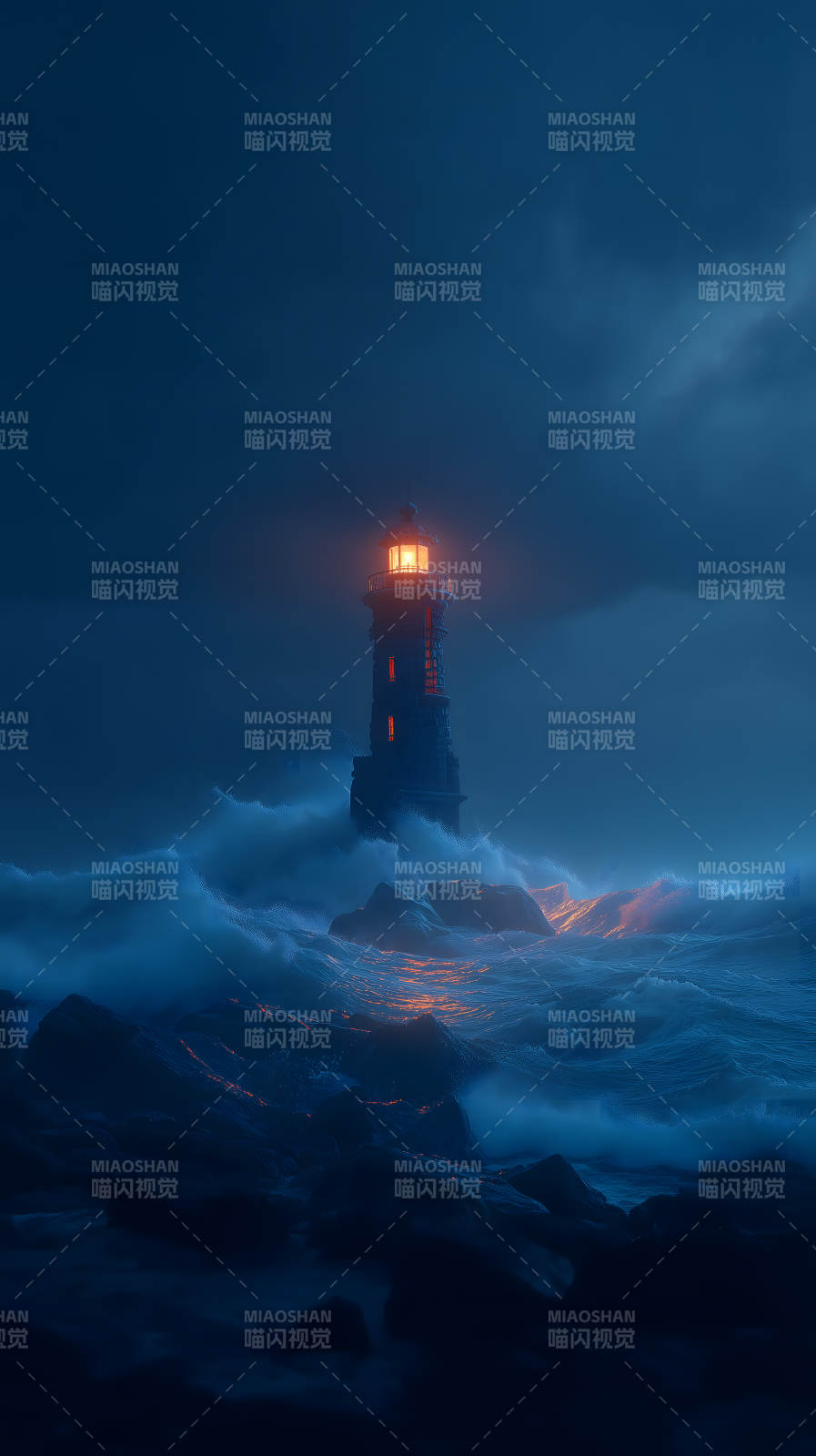 夜晚灯塔照亮海面指引方向图片