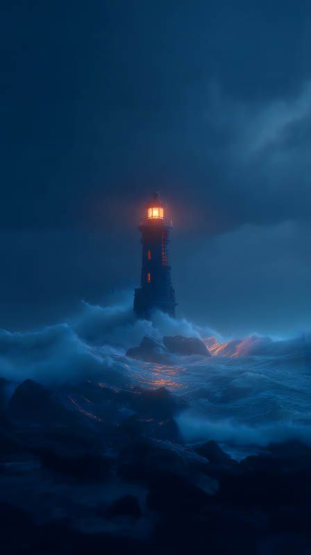 夜晚灯塔照亮海面指引方向图片