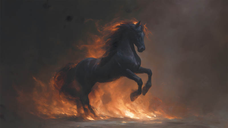 燃烧的黑马在烈焰中腾跃图片