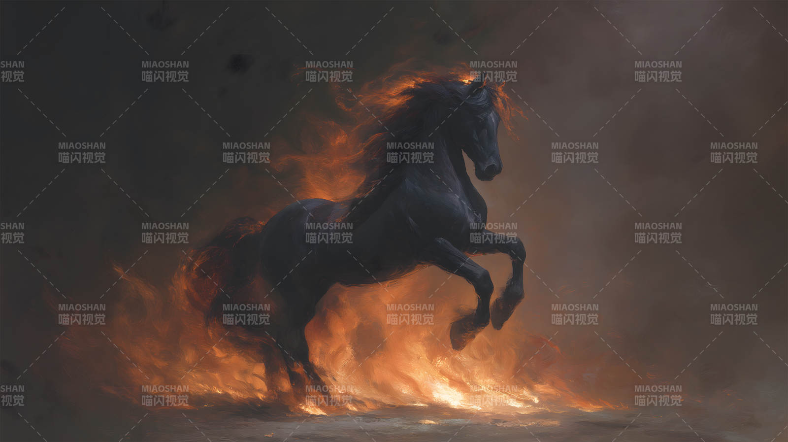 燃烧的黑马在烈焰中腾跃图片