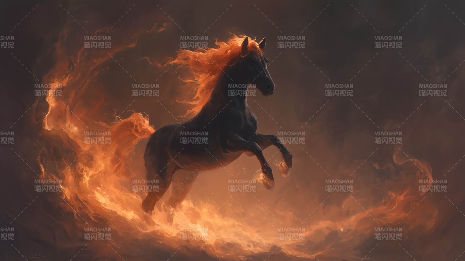火焰奔腾的黑色骏马翱翔于黑暗中图片