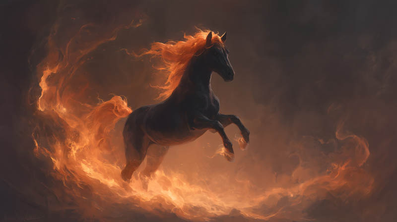 火焰奔腾的黑色骏马翱翔于黑暗中图片