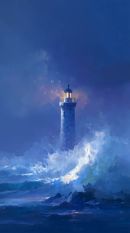 风暴中孤灯塔指引方向图片