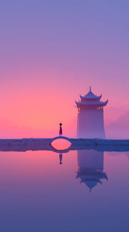 夕阳下的东方少女与亭台楼阁图片