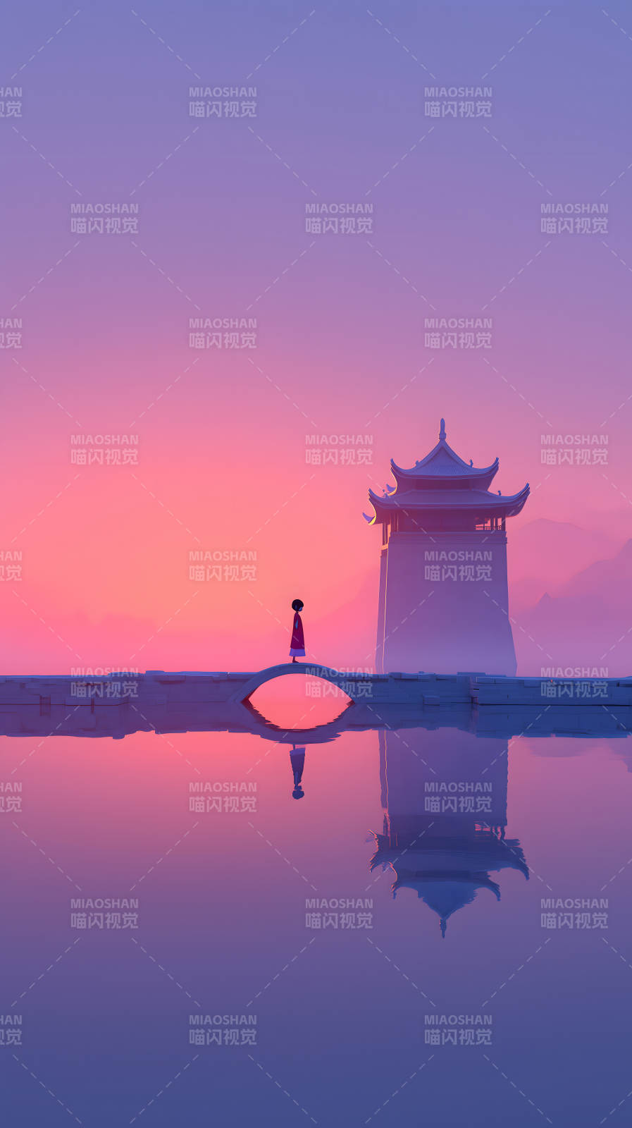 夕阳下的东方少女与亭台楼阁图片