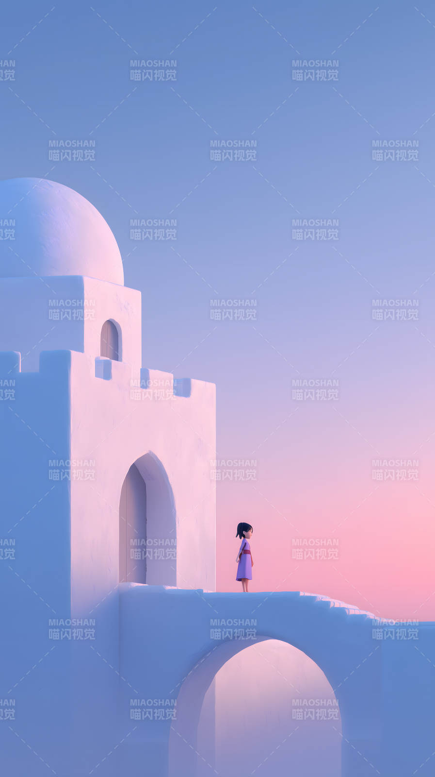 少女眺望白色建筑落日余晖图片