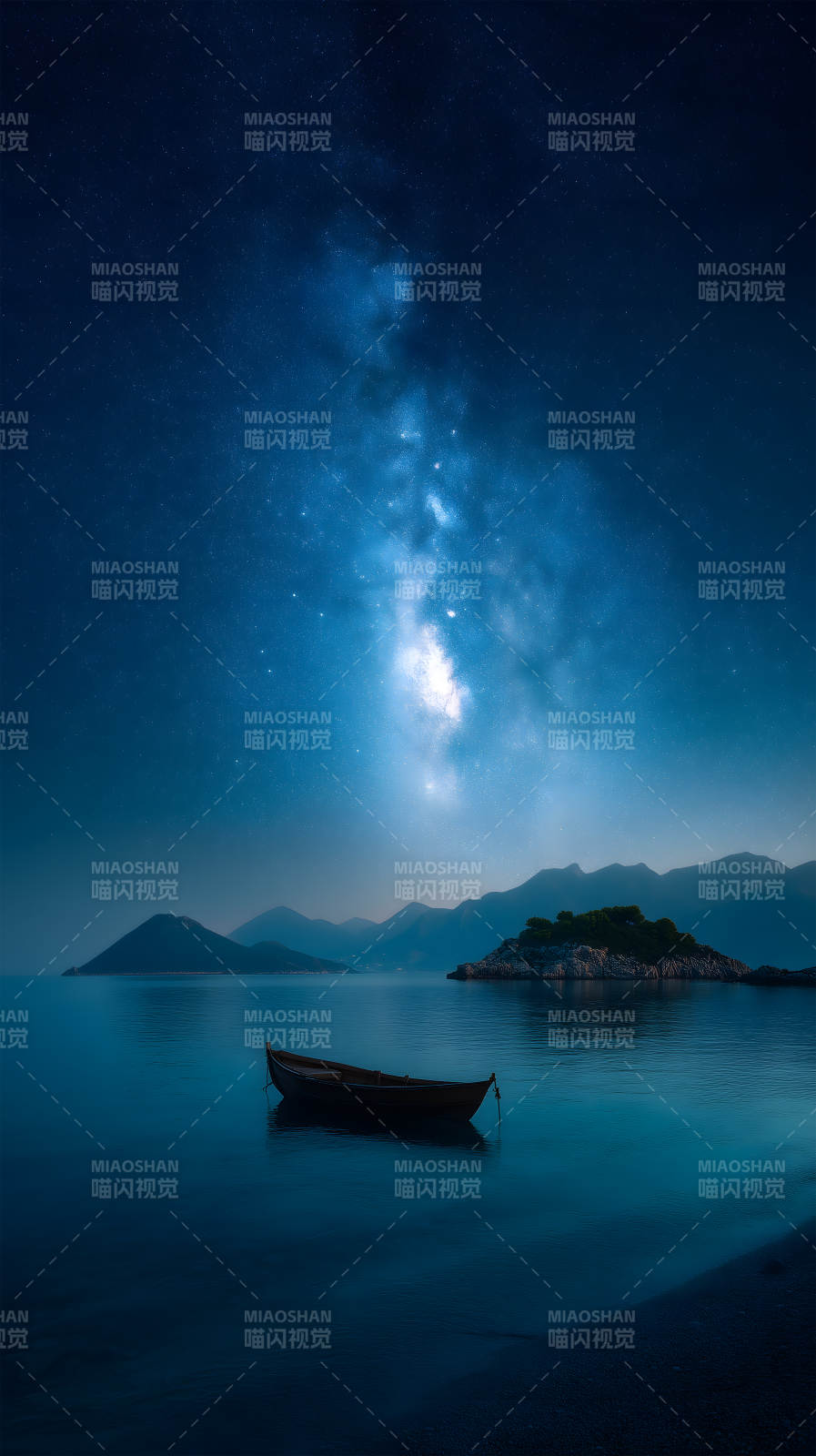 星空下的孤舟与海景图片