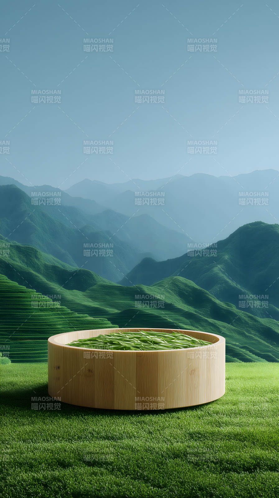 木桶草地远山风景清新自然图片