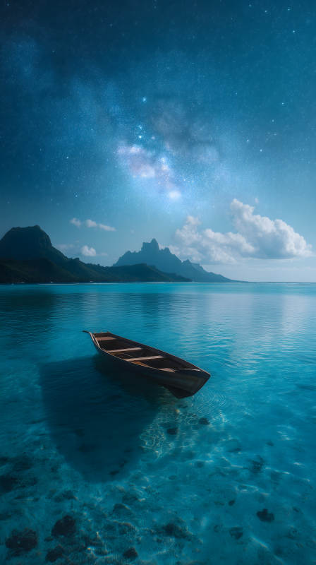 夜空下的平静海面木舟和山图片
