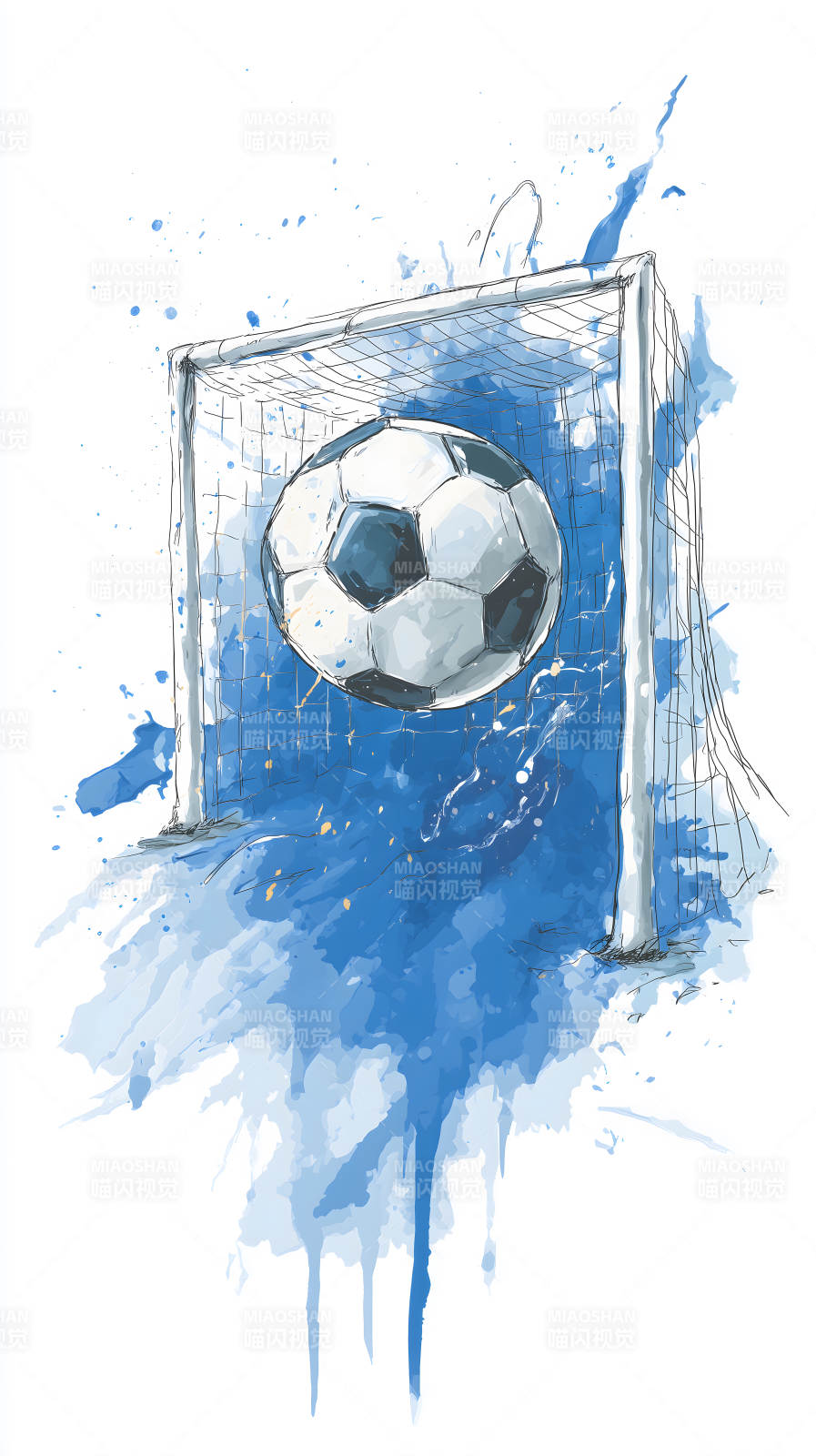 足球入网蓝色水彩画风格图片