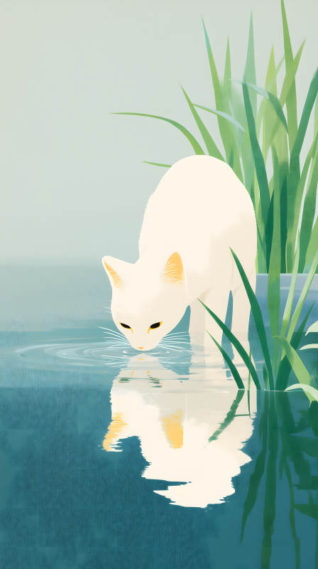 白猫饮水水面倒影清澈柔美图片
