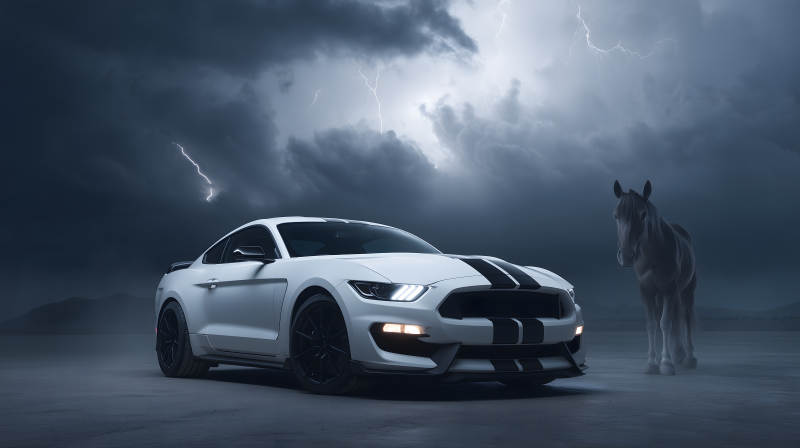 白色野马赛车与黑马对峙雷电交加图片