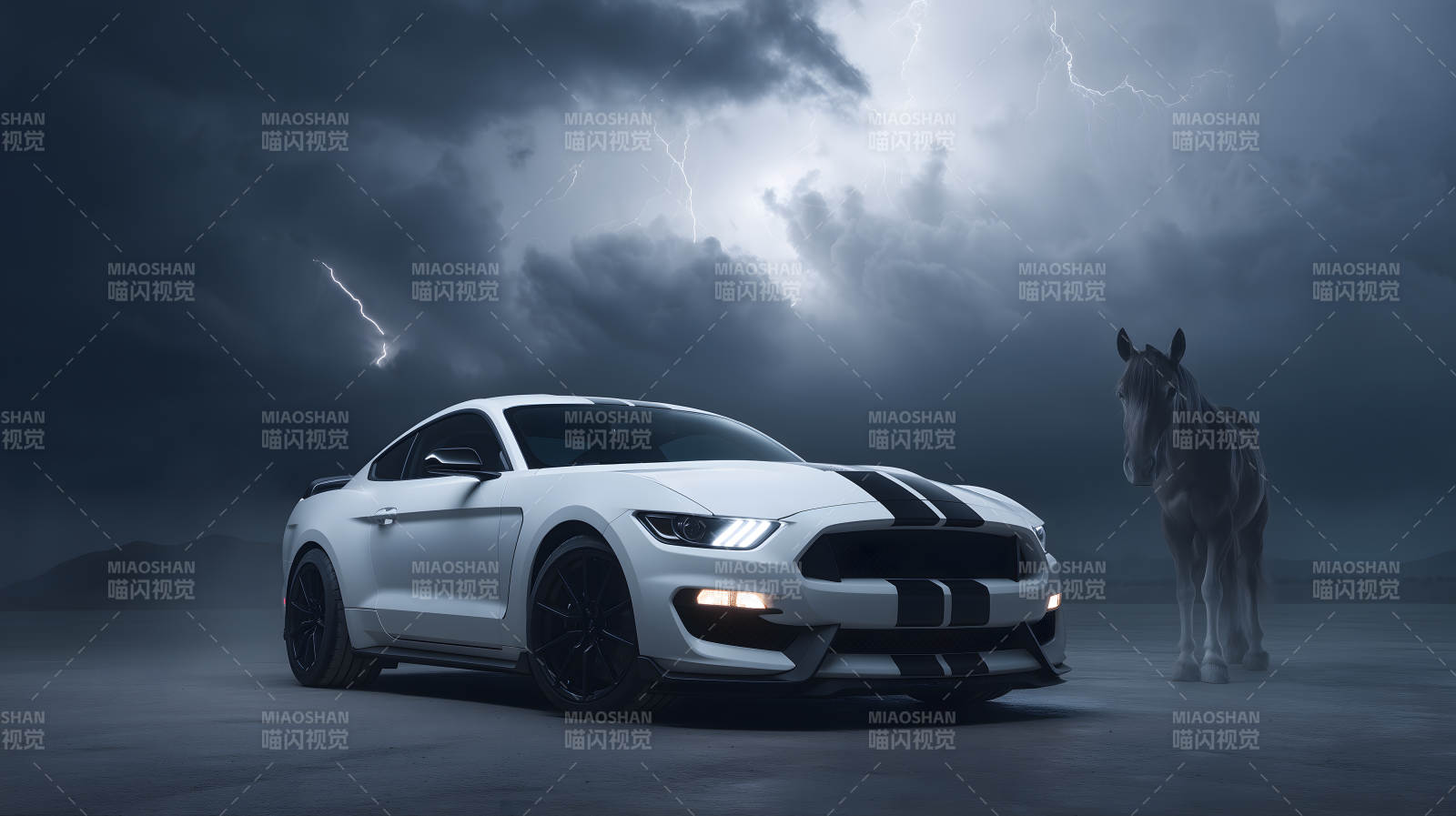 白色野马赛车与黑马对峙雷电交加图片