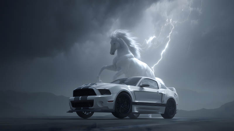 白马与野马赛车雷雨交加壮观景象图片