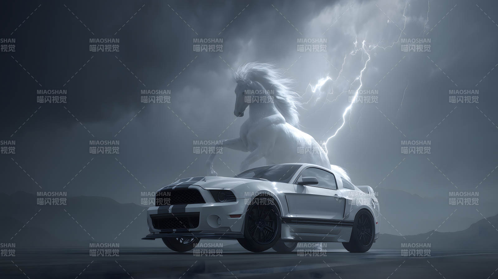 白马与野马赛车雷雨交加壮观景象图片